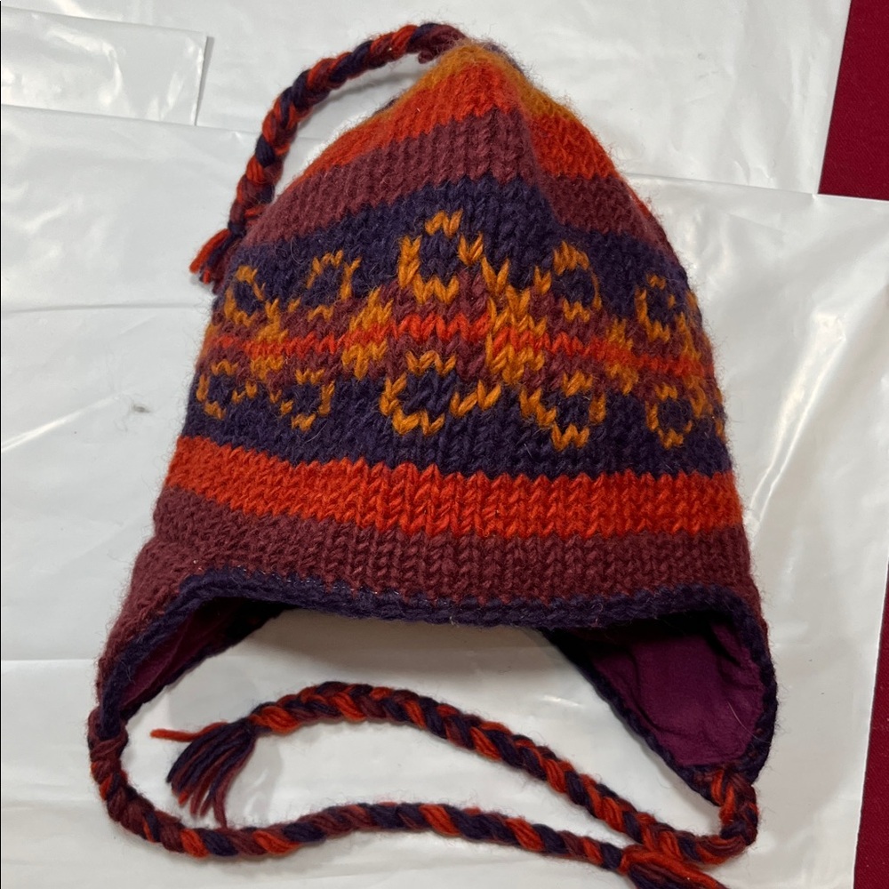 WOOL HAT rust purple orange Knit Ear Flaps braided Tassels Fleece Lined NEPAL OS